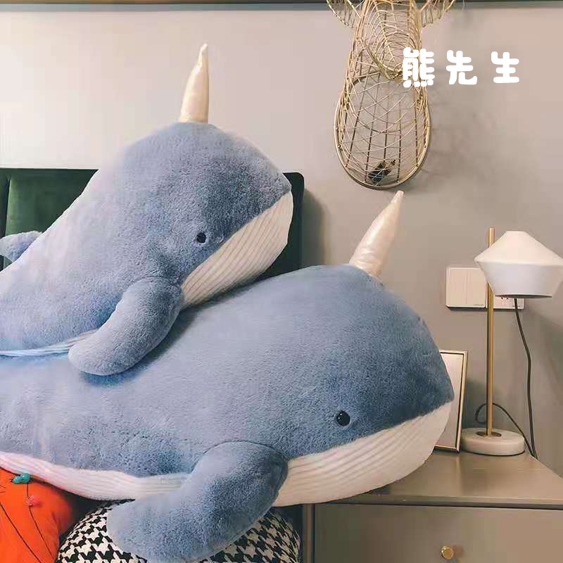 Gấu bông cá voi kì lân lông xù sừng lấp lánh thú nhồi bông cá voi 1 sừng kích thước 60/90/120cm