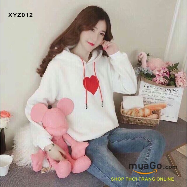 Áo hoodie nỉ thêu hình tim siêu cute, Áo khoác đi Đà lạt, Áo nỉ teen,ÁO NỈ CHUI CÓ MŨ Nữ Màu hồng, đỏ, trắng - XYZ012