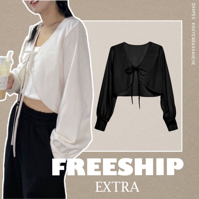 AK014 Áo cardigan nữ ngắn trắng dài tay buộc nơ croptop, Áo khoác kiểu nữ cadigan crt điệu tiểu thư bánh bèo nữ tính