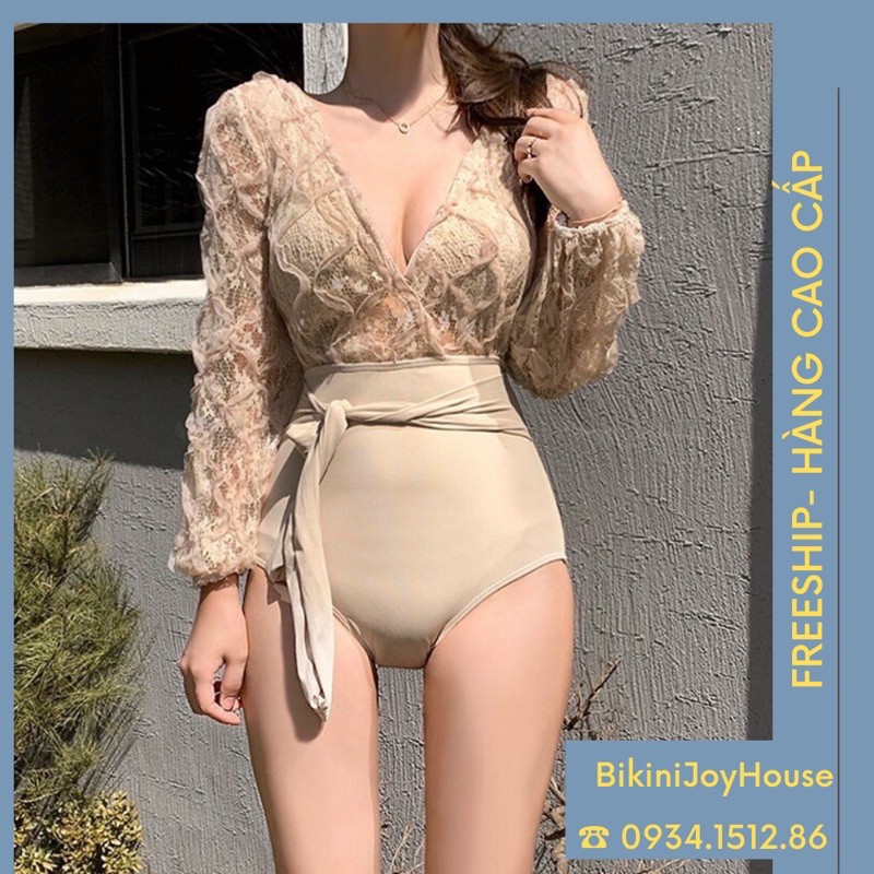 [HÀNG CAO CẤP]Bikini liền mảnh tay dài phối ren
