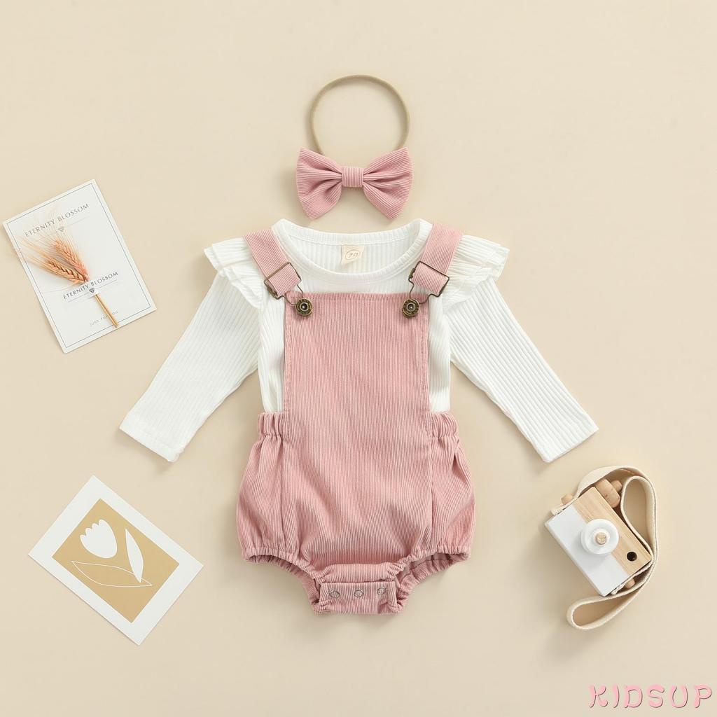 Set đồ 3 món với áo tay dài cổ tròn+quần yếm màu trơn+băng đô cho bé gái