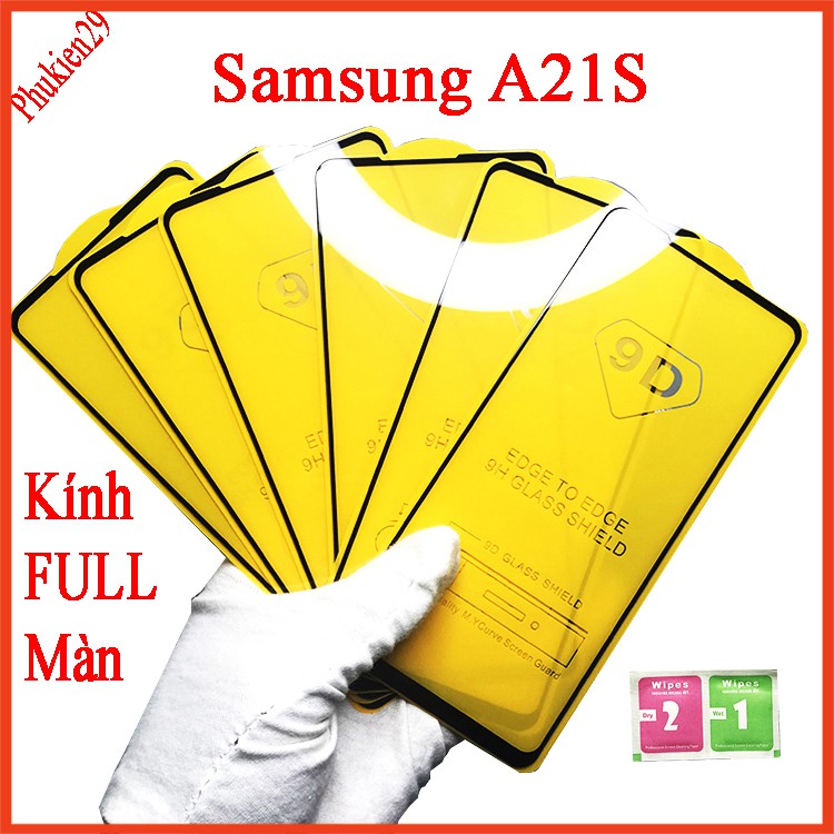 Kính cường lực Samsung A21S  full màn hình, Ảnh thực shop tự chụp, tặng kèm bộ giấy lau kính taiyoshop2