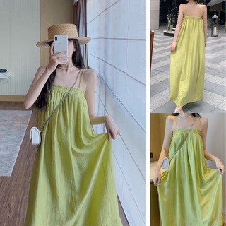 Đầm maxi 2 dây chun ngực dáng dài màu xanh cốm cực trend chất đũi mát