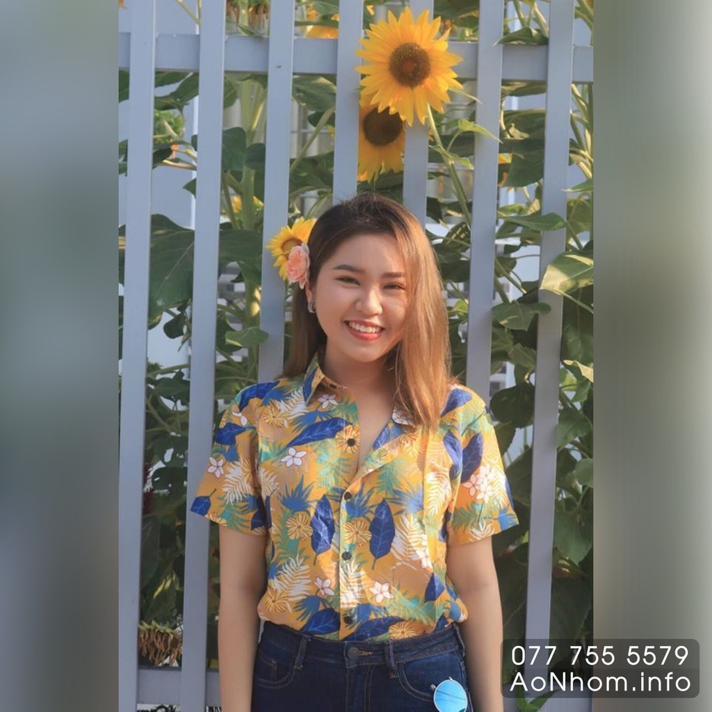 Áo Sơ Mi Hawaii Đi Biển Mềm Mát - Hoa Xanh Vàng Đỏ - Áo Đôi Đồng Phục Nhóm Lớp Team Building Hoạ Tiết Hoa Lá Trái Cây