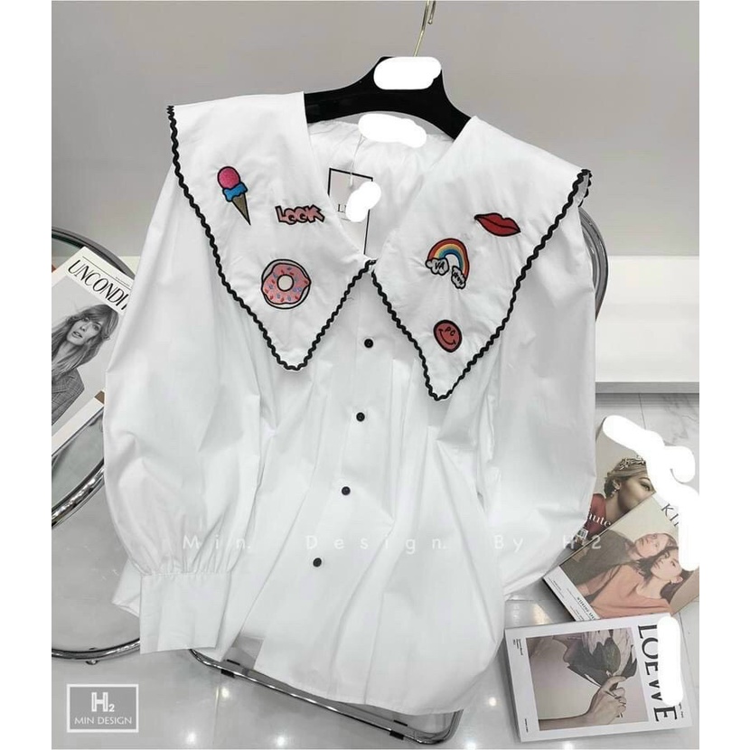 SẴN Áo sơmi cổ nhọn viền sticker siêu dễ thương form bầu bí bon chen được