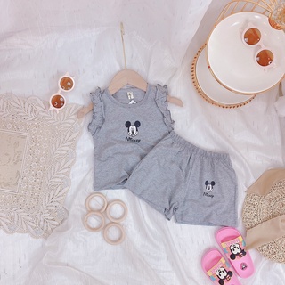 Set quần áo cộc tay cổ tròn tay bèo 1 màu cho bé gái