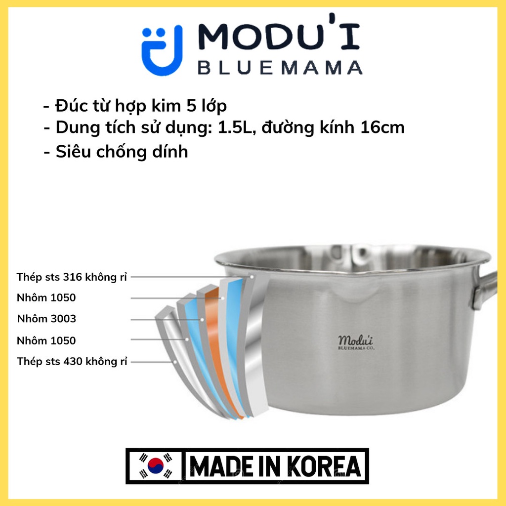 Nồi nấu cháo, nấu bột, hấp, chế biến đồ ăn dặm cho bé inox 5 đáy 3 IN 1, chống dính cao cấp Chính Hãng Bluemama Hàn Quốc