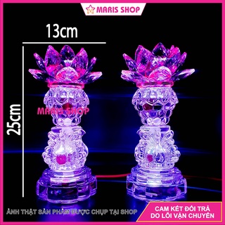 [Giá một cặp] Bộ 2 Cây Đèn Hoa Sen Pha Lê Nguyên Khối Cao 25cm Để Bàn Thờ Phật 2 Tầng LED Đổi Màu Cao Cấp [MRHT33]