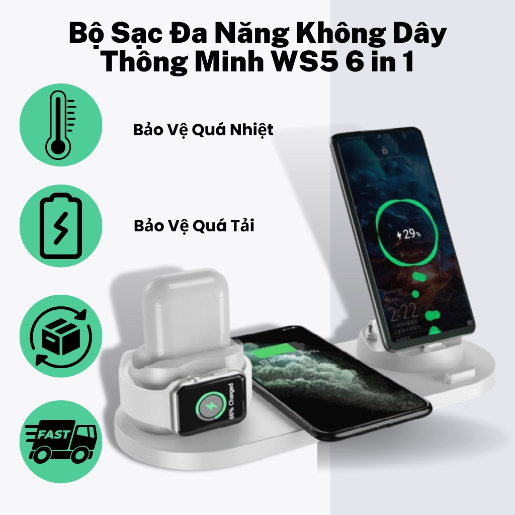 Bộ sạc không dây đa chức năng WS5 6 in 1, tích hợp sạc thông minh cho các dòng điện thoại.