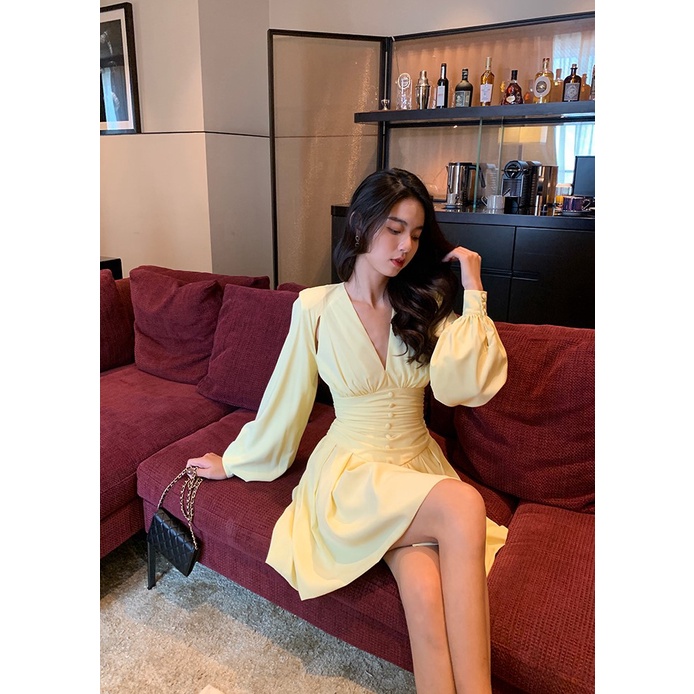 Đầm dáng xòe tay dài cổ v Emilyshop