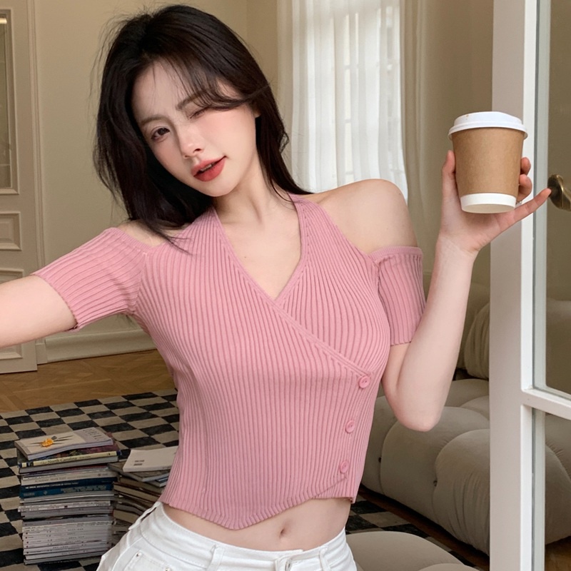 Áo Thun Dệt Kim Tay Ngắn Dáng Ôm Thời Trang Quyến Rũ Cho Nữ