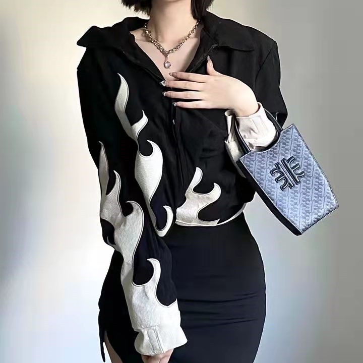 Áo khoác nhung dáng rộng thêu ngọn lửa phong cách đường phố cho cặp đôi