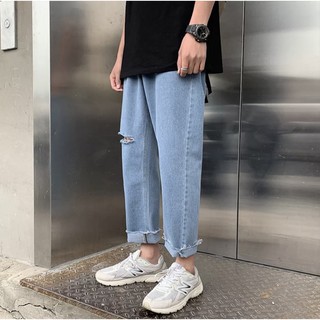 Quần jean baggy xanh nam, nữ ống rộng rách gấu, dáng suông, không phai màu-R01