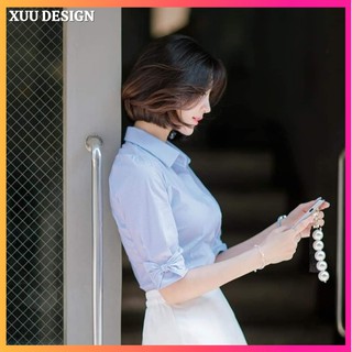 Áo sơ mi nữ công sở moonmy sơ mi cộc tay phối nơ [ bs07)