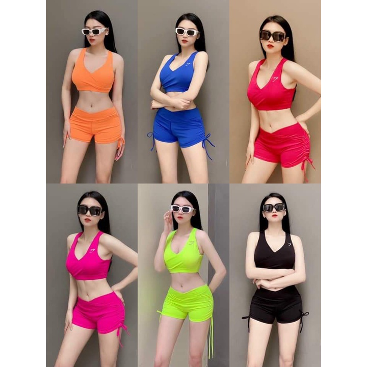 Set bộ đùi thể thao tập gym yoga nữ áo bra kèm mút quần đùi cạp chéo dây rút cao cấp Bin Sports BN023 M2