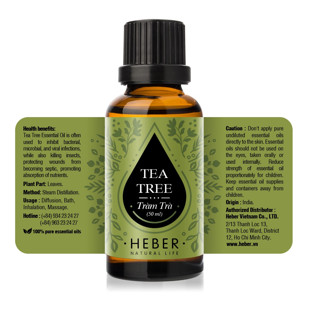 Tinh Dầu Tràm Trà - Tea Tree Heber Natural Life, Cao Cấp Nhập Khẩu, Thiên Nhiên Nguyên Chất, Chai 10ml/30ml/50ml