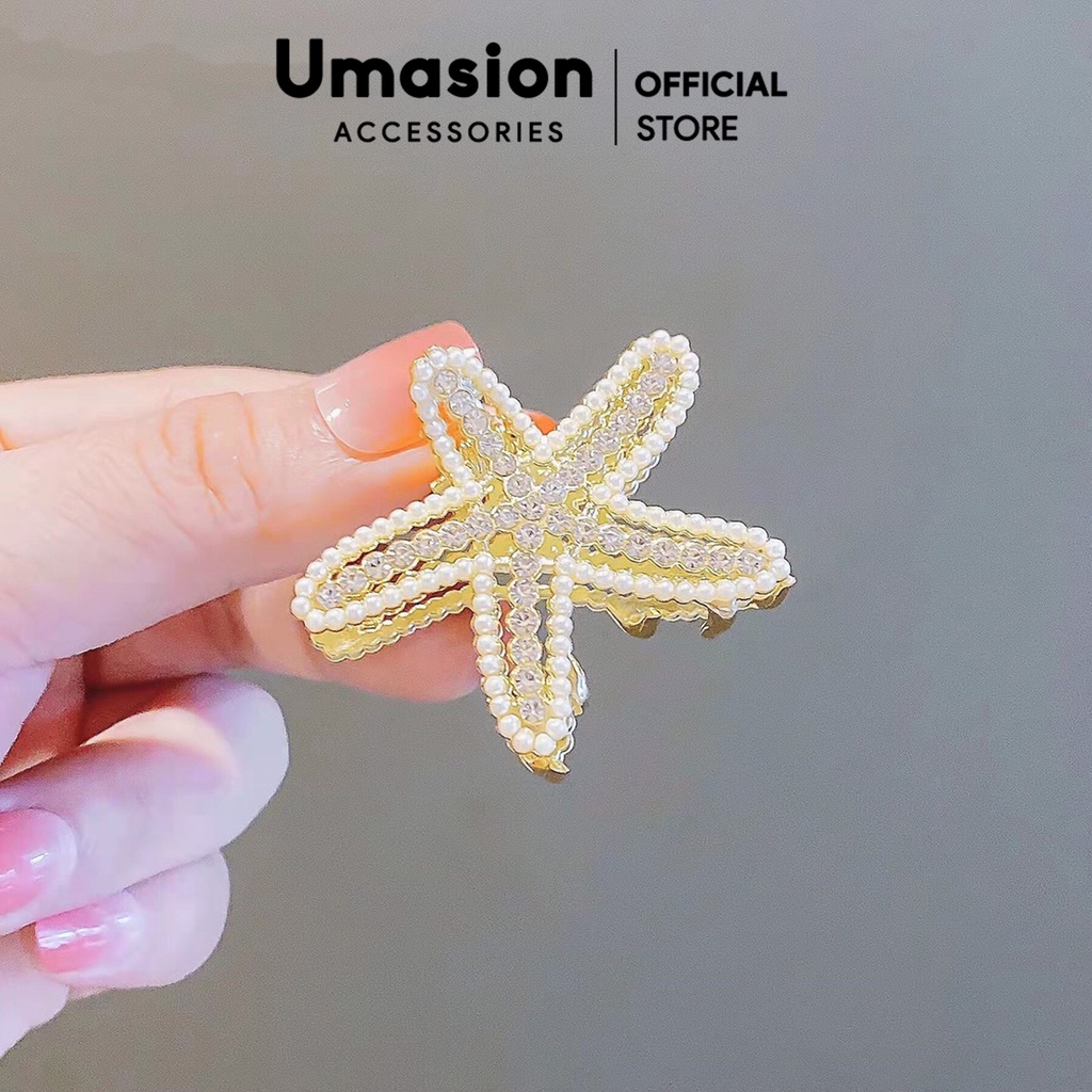 Kẹp tóc kim loại càng cua đính đá và ngọc trai Umasion hình sao kẹp nửa đầu cho nư tóc dày tóc mỏng phong cách Hàn Quốc