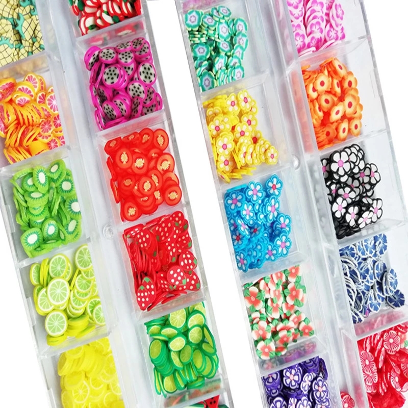 Hộp phụ kiện đất sét mềm trang trí nghệ thuật móng tay 3D họa tiết hoa trái cây/ nho chanh Pitaya