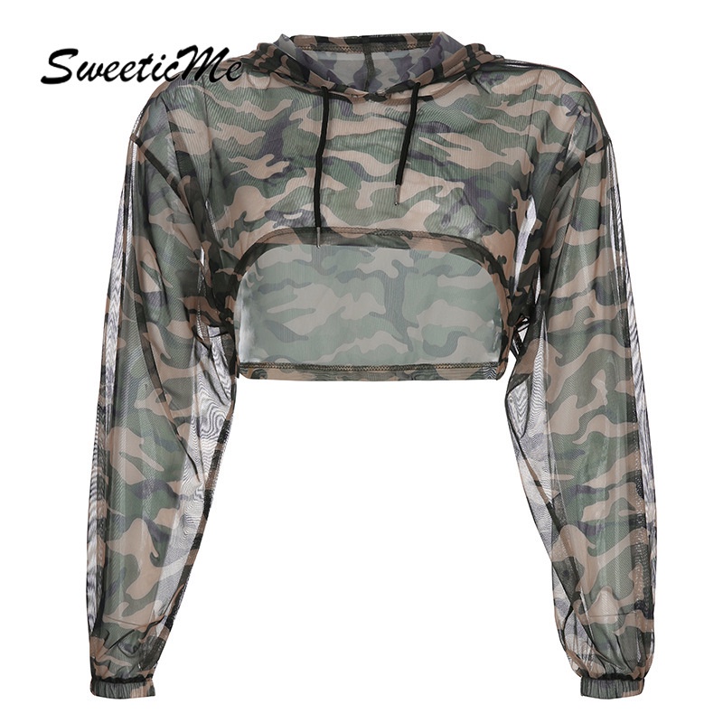Áo hoodie vải lưới tay dài in họa tiết rằn ri cá tính