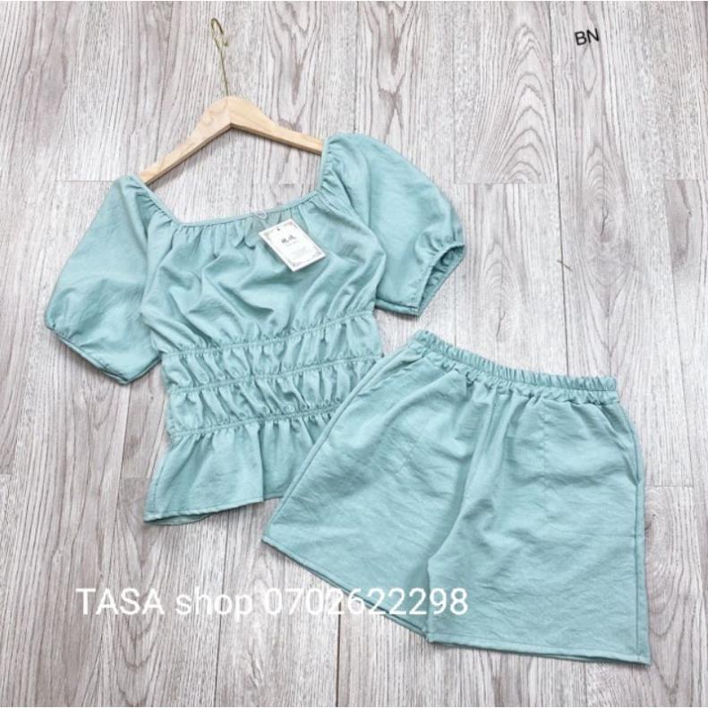 TSL-Video ảnh thật, set đũi áo tay lỡ chun eo tay bồng nhún eo xòe bèo phối quần đùi vàng, xanh, nude thời trang nănđộng