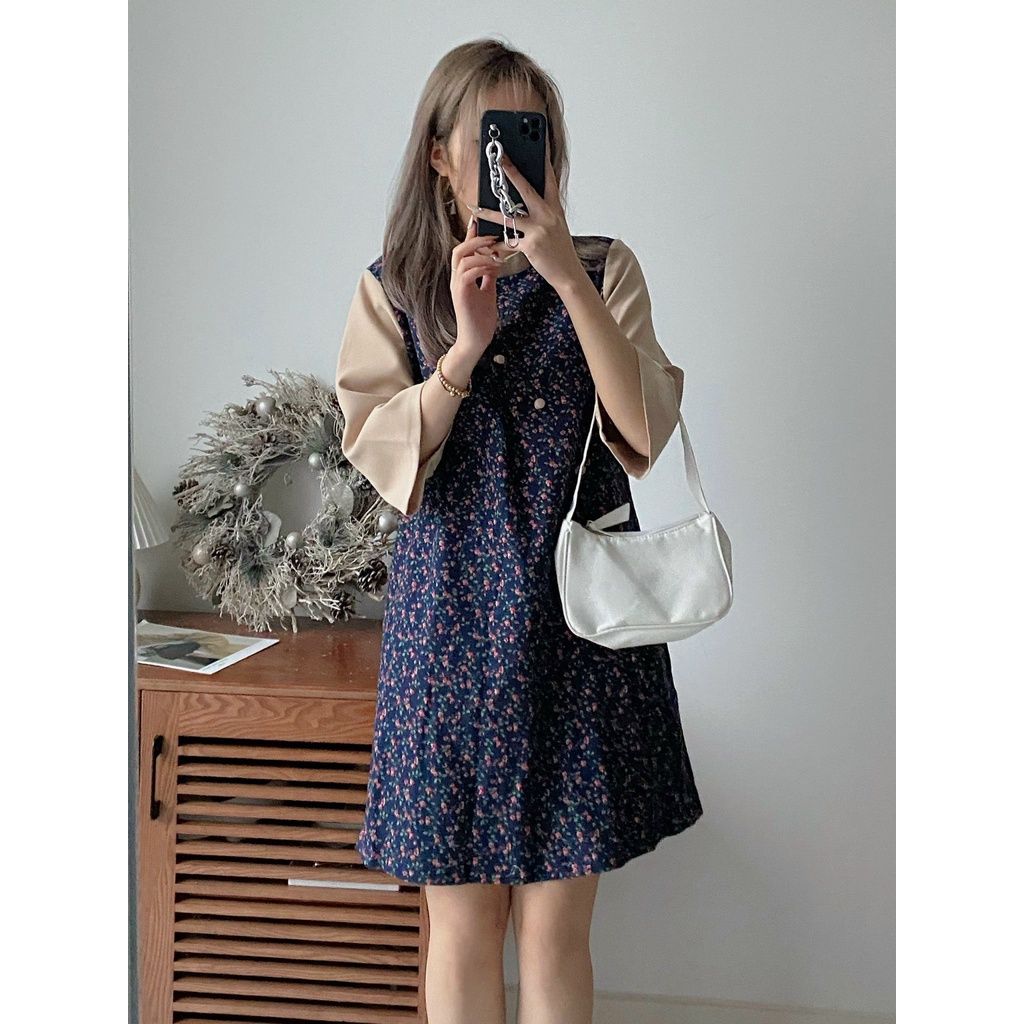 Váy nhung tăm hoa nhí cách tân tay lửng, cổ trong như hình