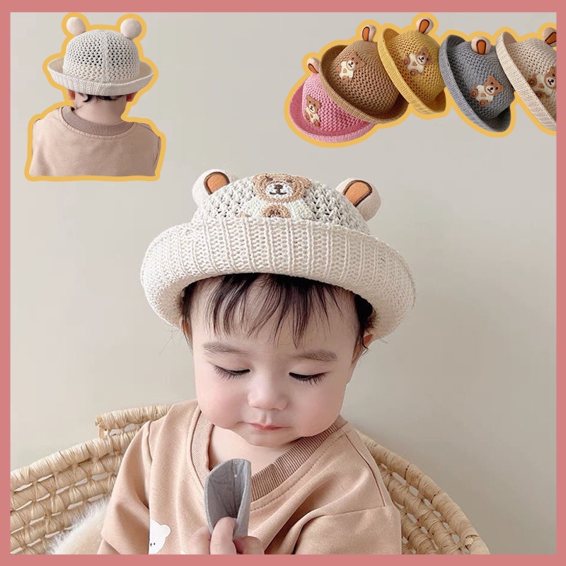 Mũ Rơm Che Nắng Đính Tai Gấu Dễ Thương Cho Bé 0-3 Tuổi
