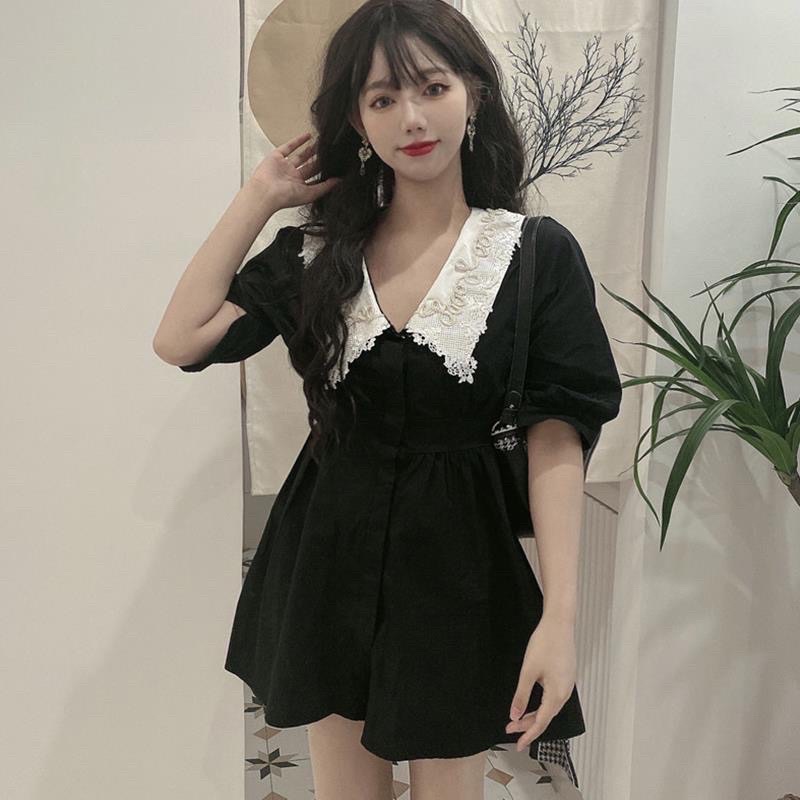 Đầm cổ trắng hoạ tiết ,chất đũi mềm hàng loại 1, thích hợp cho các nàng m60 trở xuống