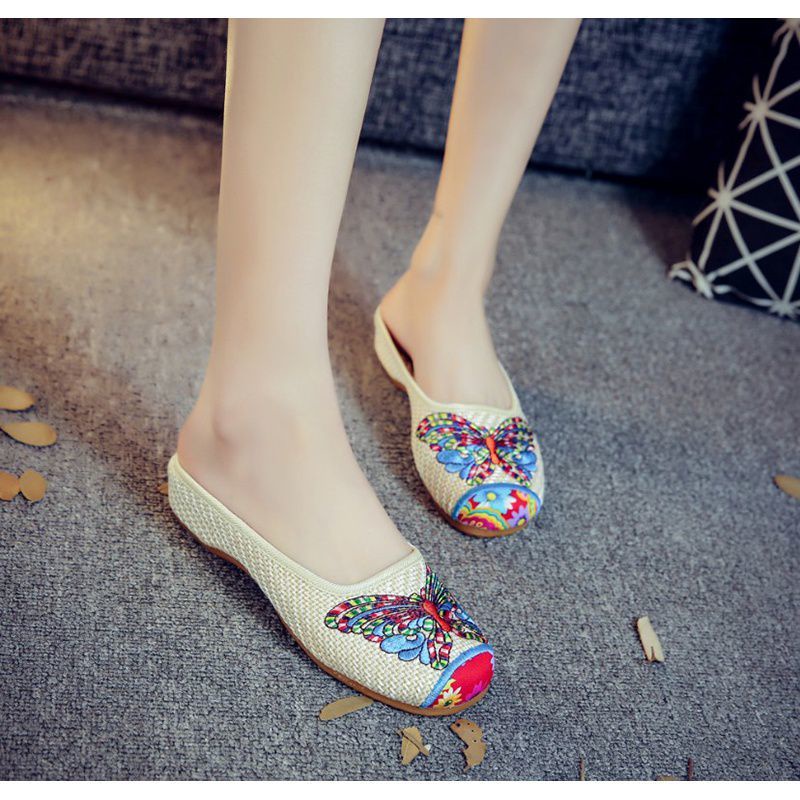 Dép Bít Mũi Thêu Họa Tiết Thổ Cẩm Phong Cách Bắc Kinh Thời Trang Cho Nữ