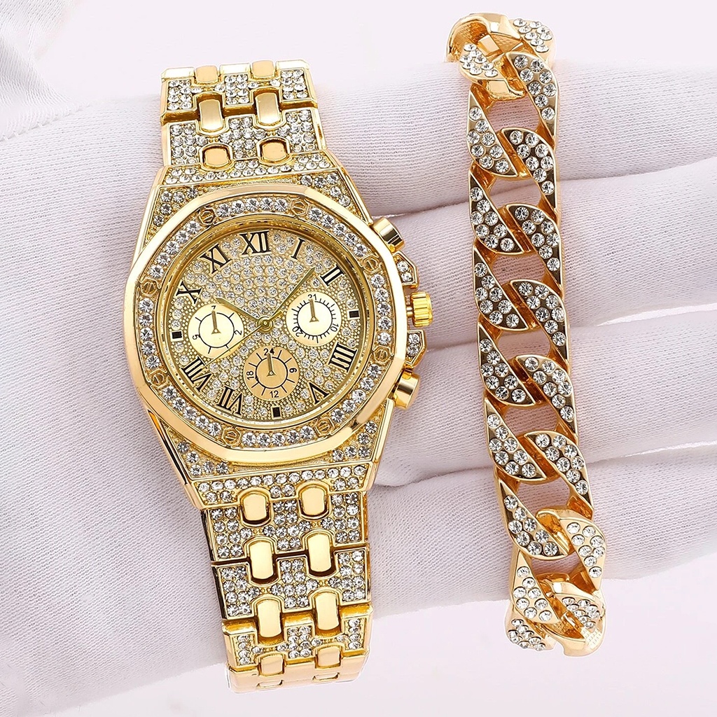Đồng Hồ Quartz Nam Mặt Tròn Đính Hột Xoàn