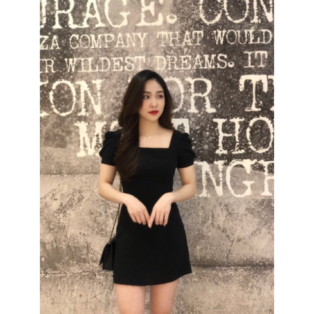 Váy BIGSIZE - Váy suông đen cổ vuông chất tằm đũi Hàn