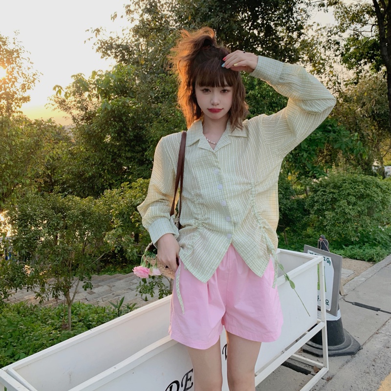 Áo Sơ Mi Tay Dài Phối Dây Rút Màu Xanh Lá Thiết Kế Đơn Giản Phong Cách Hàn Quốc Thời Trang Mùa Hè Cho Nữ