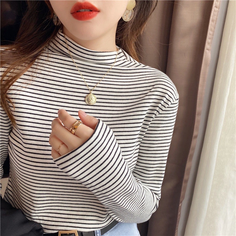 Áo Thun Tay Dài Cổ Cao 95% Cotton Họa Tiết Kẻ Sọc Thời Trang Cho Nữ 2021