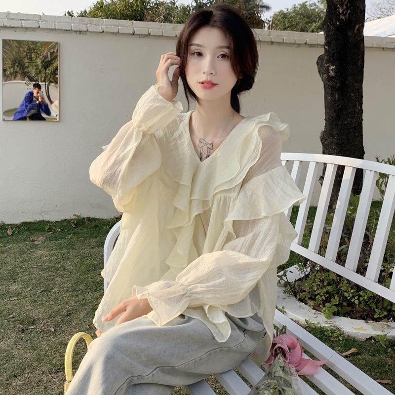 Gentle style v-neck ruffled shirt women's spring  new Korean style loose slimming long-sleeved shirt top Japanese style top 3tye