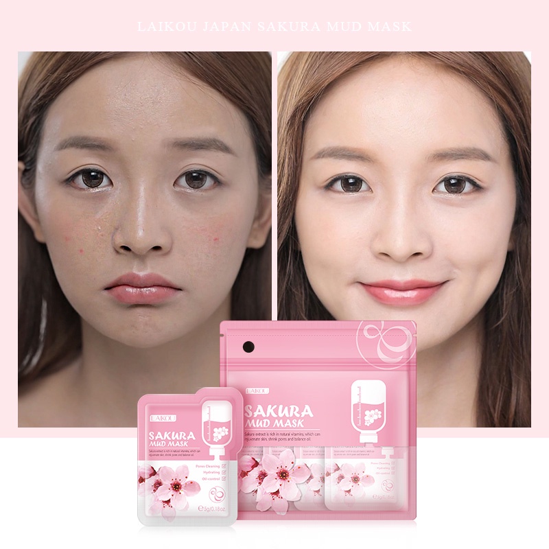 Mặt nạ bùn LAIKOU chiết xuất hoa anh đào dưỡng ẩm kiềm dầu làm sáng da chống lão hóa cao cấp 5g