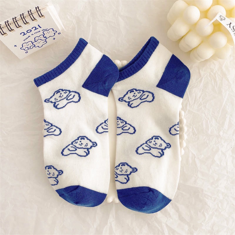 Tất nữ Choobe cổ ngắn cotton co giãn tốt chống hôi chân họa tiết hình gấu dễ thương set 5 đôi màu xanh PK21