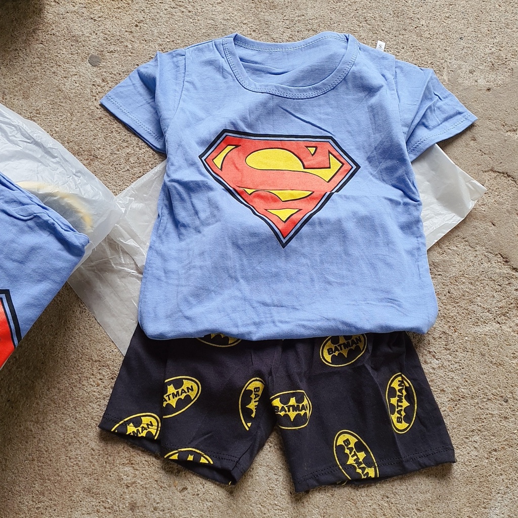 Quần áo bé trai, bộ cộc tay giá rẻ in hình siêu nhân anh hùng chất cotton 2 chiều cho bé 17-30kg