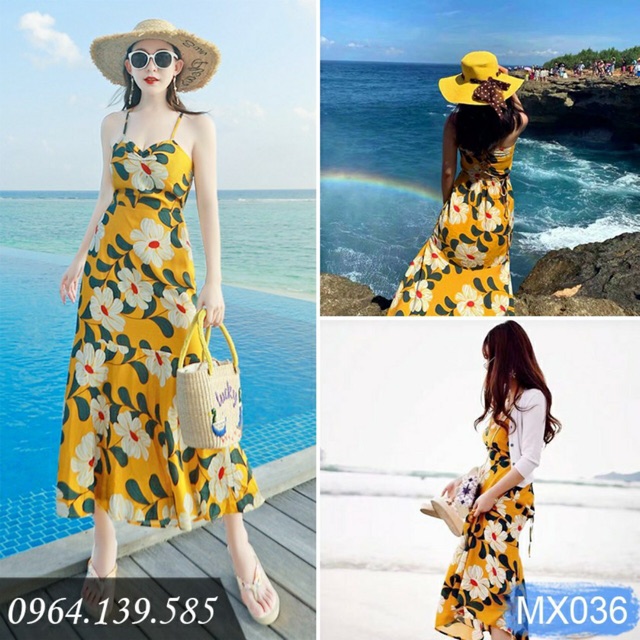 Đầm maxi nữ,váy suông nữ 2 dây hoa cúc vàng hở lưng gợi cảm cá tính | BigBuy360 - bigbuy360.vn