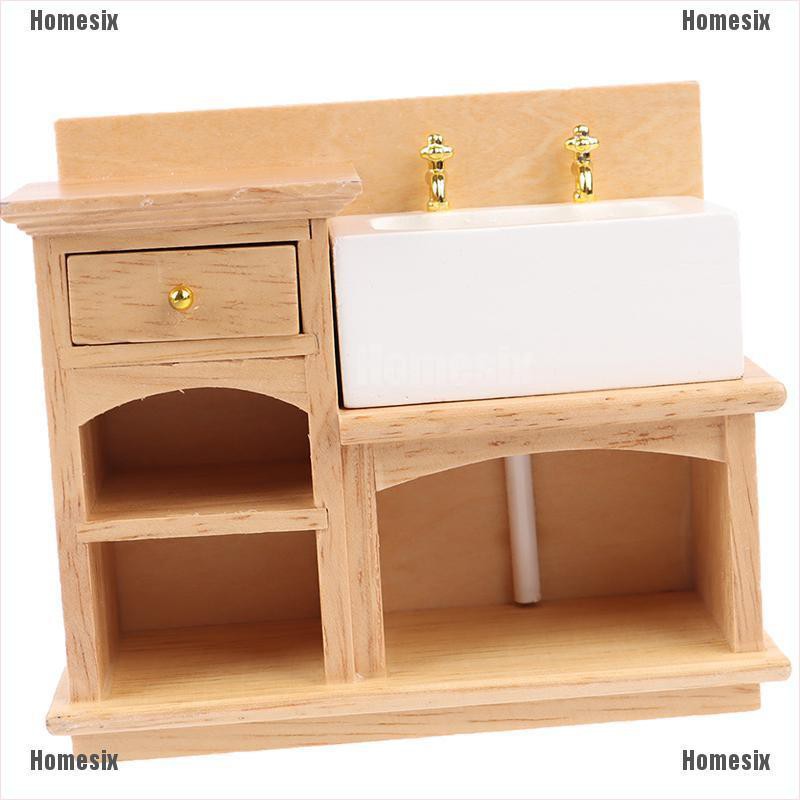 [HoMSI] 1/12 Miniature Wooden Wash Basin Cabinet with Ceramic Hand Sink for Dollhouse SUU