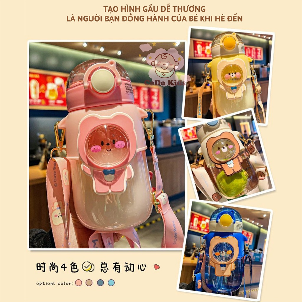 Bình Nước Cho Bé Đi Học Có Ống Hút, Bình Nước Cho Bé Cute 720ml, Bình Đựng Nước Cho Bé Hình Gấu