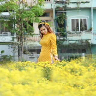 Áo dài chấm bi vàng
