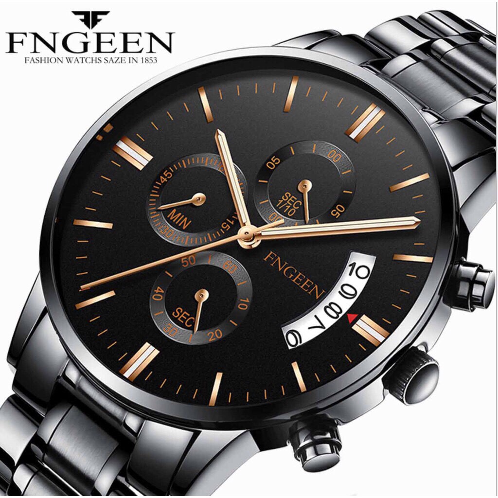 Đồng hồ nam FNGEEN F12 mặt tròn có lịch ngày dây thép không gỉ