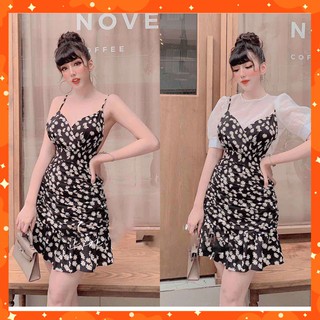 Đầm Yếm 2 Dây ❣️FREESHIP - HÀNG CAO CẤP❣️ Hoa Cúc Màu Đen Phối Áo Màu Trắng, FreeSize 40-60Kg