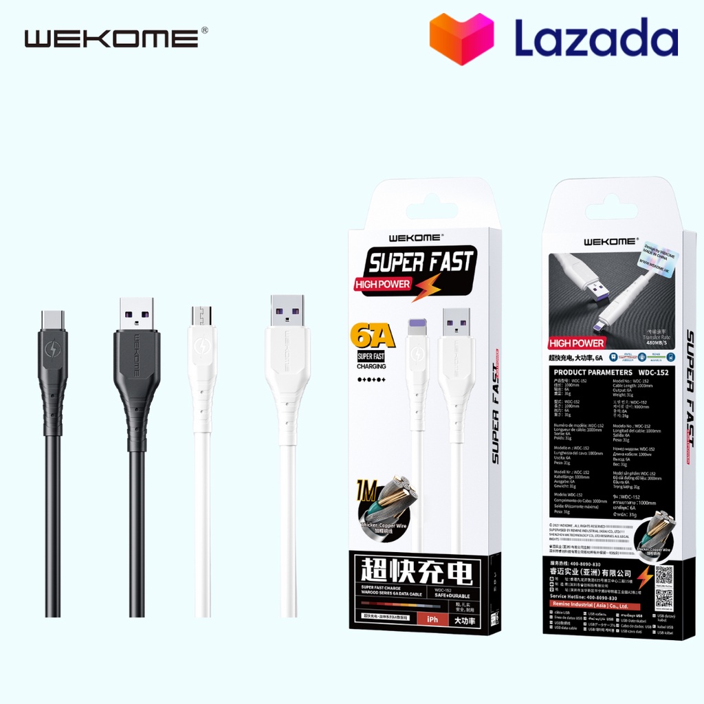 Cáp sạc nhanh 6A Wekome WDC-152 cổng Micro, Type C, Lightning, 3in1 dây cao su chống đứt gãy 1m/2m/3m