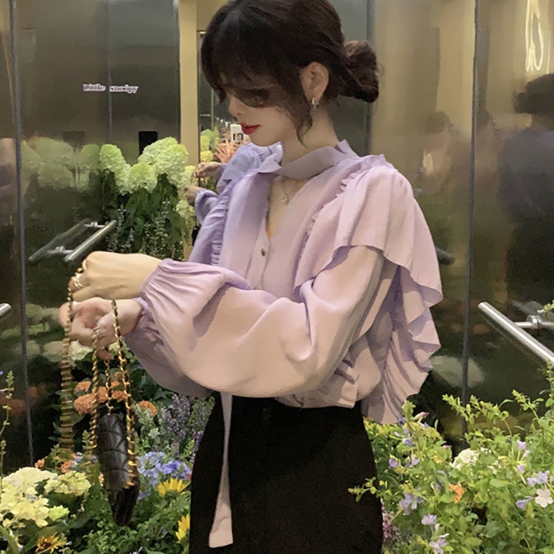 Ethelgirl Áo Sơ Mi Nữ Tay Dài Cổ Chữ v Dáng Rộng Thời Trang