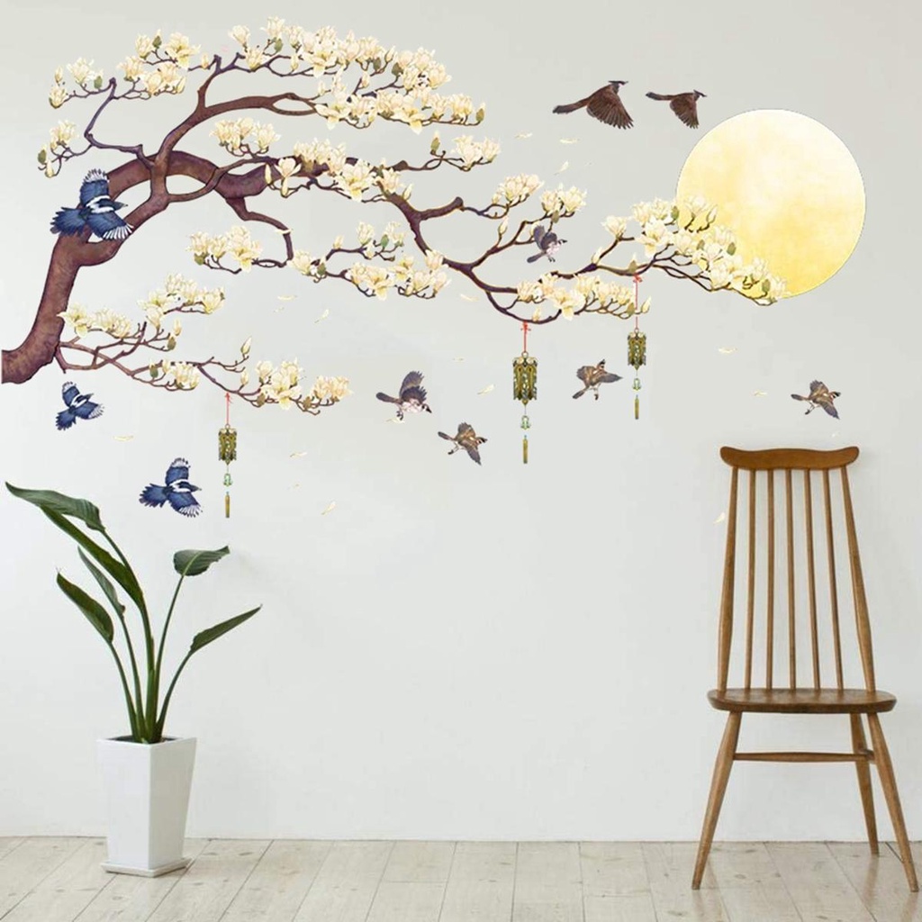 Sticker Dán Tường Họa Tiết Cây Hoa Màu Vàng Phong Cách Trung Quốc Dùng Trang Trí Phòng Ngủ