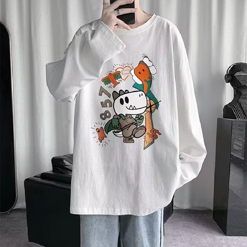 Áo Thun Tay Dài Dáng Rộng In Họa Tiết Hoạt Hình Phong Cách Hip Hop Hàn Quốc Thời Trang Cho Nam Và Nữ size M-5XL