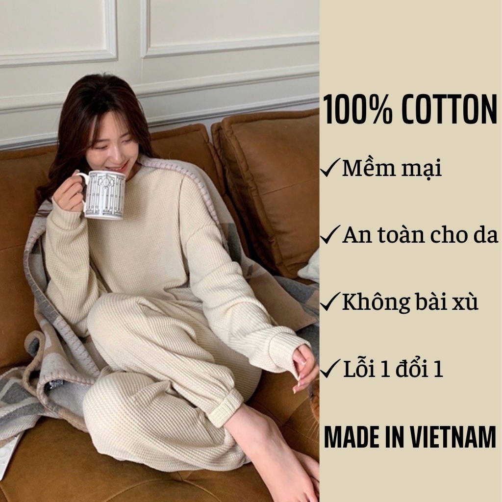 Đồ ngủ nữ len tổ ong cao cấp, bộ ngủ cotton thu đông dài tay dáng basic đủ size S M L mã B01