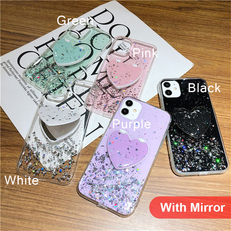 Ốp điện thoại kim tuyến ngôi sao lấp lánh có gương giá đỡ Hình Trái Tim Xinh Xắn cho Samsung Galaxy A22 A42 A52s A12 A11 A31 A51 A71 A20 A30 A21S A02S A20S A30S A50S
