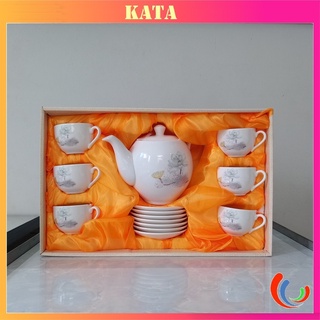 Bộ ấm chén pha trà phong cách hàn quốc đẹp 100% sứ xương camellia họa tiết hoa sen