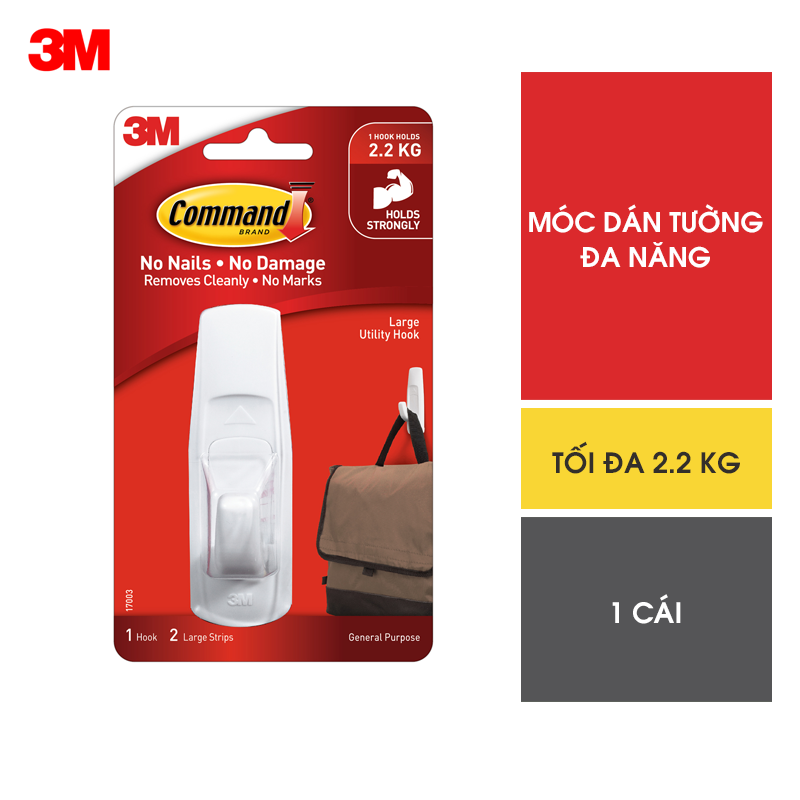 Móc dán tường Command 3M vỉ 1 cái cỡ lớn chịu lực 2.2kg - Dễ sử dụng, độ bền cao, bám cực chắc, tháo cực dễ 17003